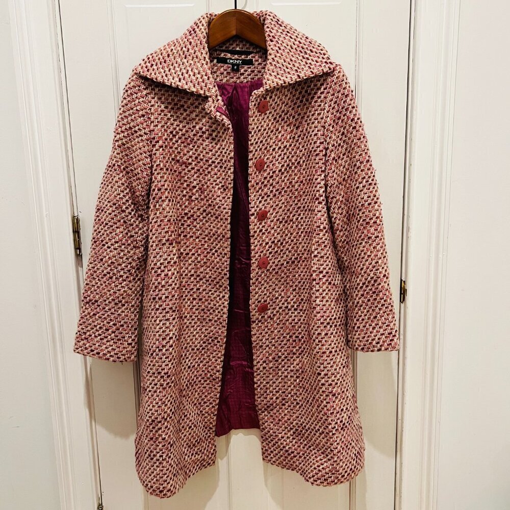 DKNY Ladies Women's Vintage Pink Tweed Over Coat Size 8 Medium Jacket